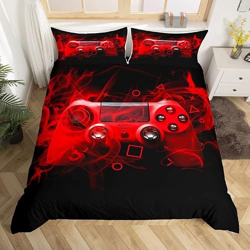Kids Gaming Duvet Cover Set Full Size Gamer Bedroom Decor for Boys Girls Teens Video Game Controller Bedding Set Youth Game Console Comforter Cover Red Black Geometry with 2 Pillow Case Zipp