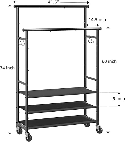Miniatura 7 de Perchero de ropa con doble barra para colgar ropa, perchero portátil con 3 estantes, estante de carga de armario de 300 libras para dormitorio,