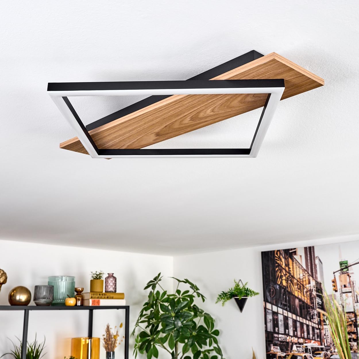 Plafonnier LED Cabanas HOFSTEIN, plafonnier en métal/plastique noir/aspect bois/blanc, luminaire au design moderne, 18 watts, 1850 lumens, salle à manger, salon, chambre à coucher, cuisine
