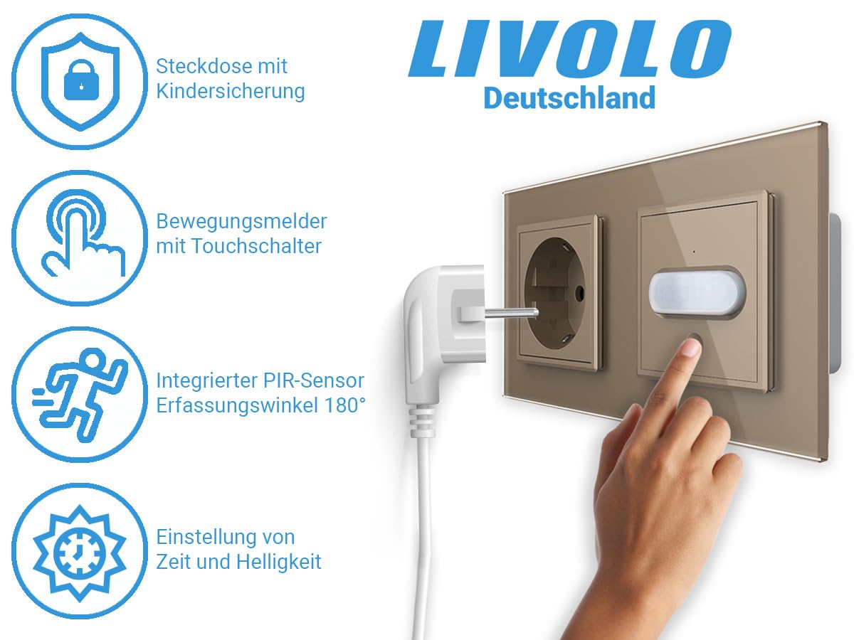 Livolo Steckdose und PIR Bewegungsmelder Sensor mit Touchschalter EIN/Aus automatische Lichtsteuerung bei Bewegung Unterputz Wandmontage Schuko Buchse EU Stecker 2-Fach Glasrahmen