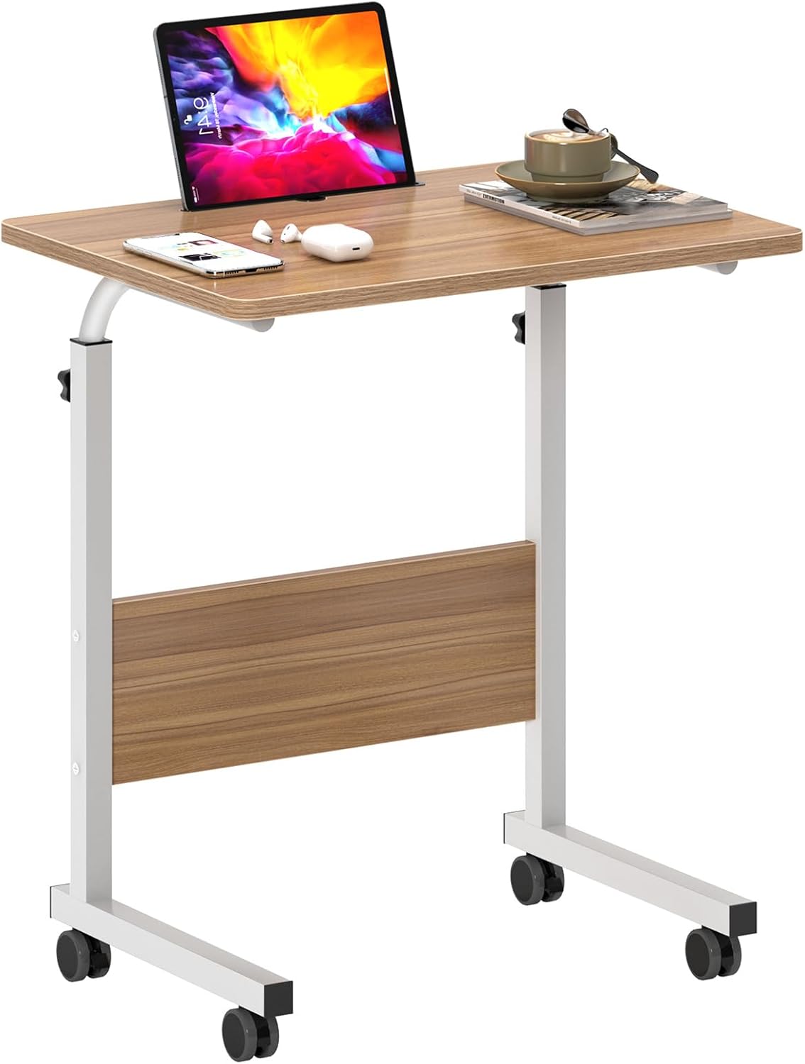 SogesHome 23.6 inch Adjustable Mobile Bed Table Portable Laptop Computer Stand Desks with Tablet Slot Cart Tray, Teak