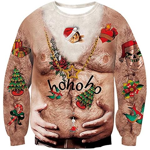 Loveternal Rude Xmas Jumpers for Women Men Ugly Hairy Chest Christmas Pullover 3D Print Cat Sweatshirt Crewneck Sweater Long Sleeve Top S Cover