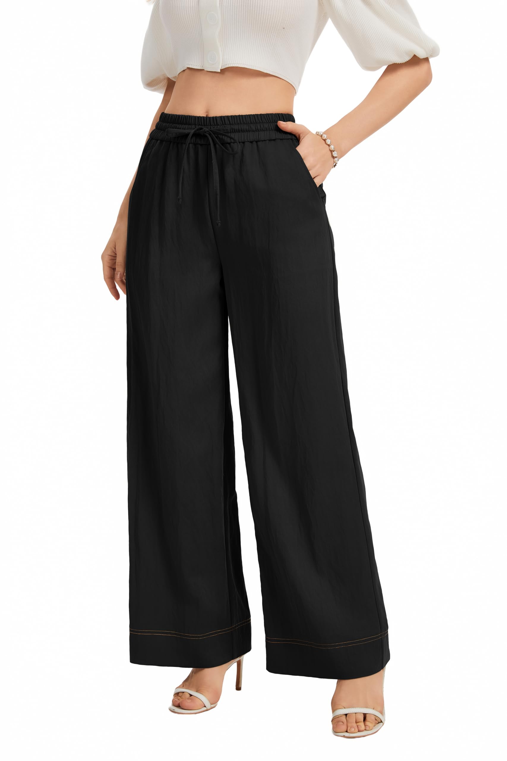 Casual Womens Wide Leg Summer Pants High Elastic Drawstring Waisted Cropped Loose Trousers
