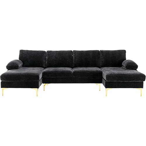 U Shaped Sectional Sofa with Double Extra Wide Chaise Lounge, 110.63" Soft Velvet Upholstery Couches with Solid Wood Frame, Detachable Cover & Armrest and Golden Color Metal Feet, Easy to Install