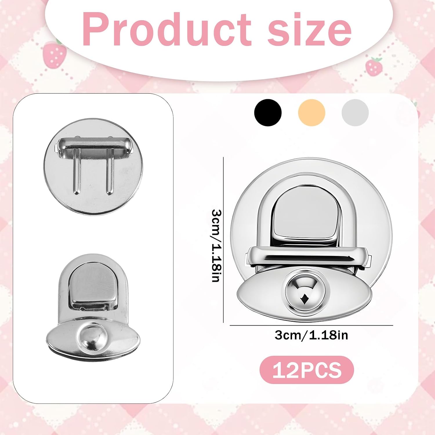 12 Pcs Tuck Lock Clasp Purse Catch Thumb Lock Buckle Fasteners, Stainless Steel Snap Closure Latch with Washers, Purse Making Supplies for DIY Bag, Wallets, Handbags, Crafts (Gold, Silver, Grey)