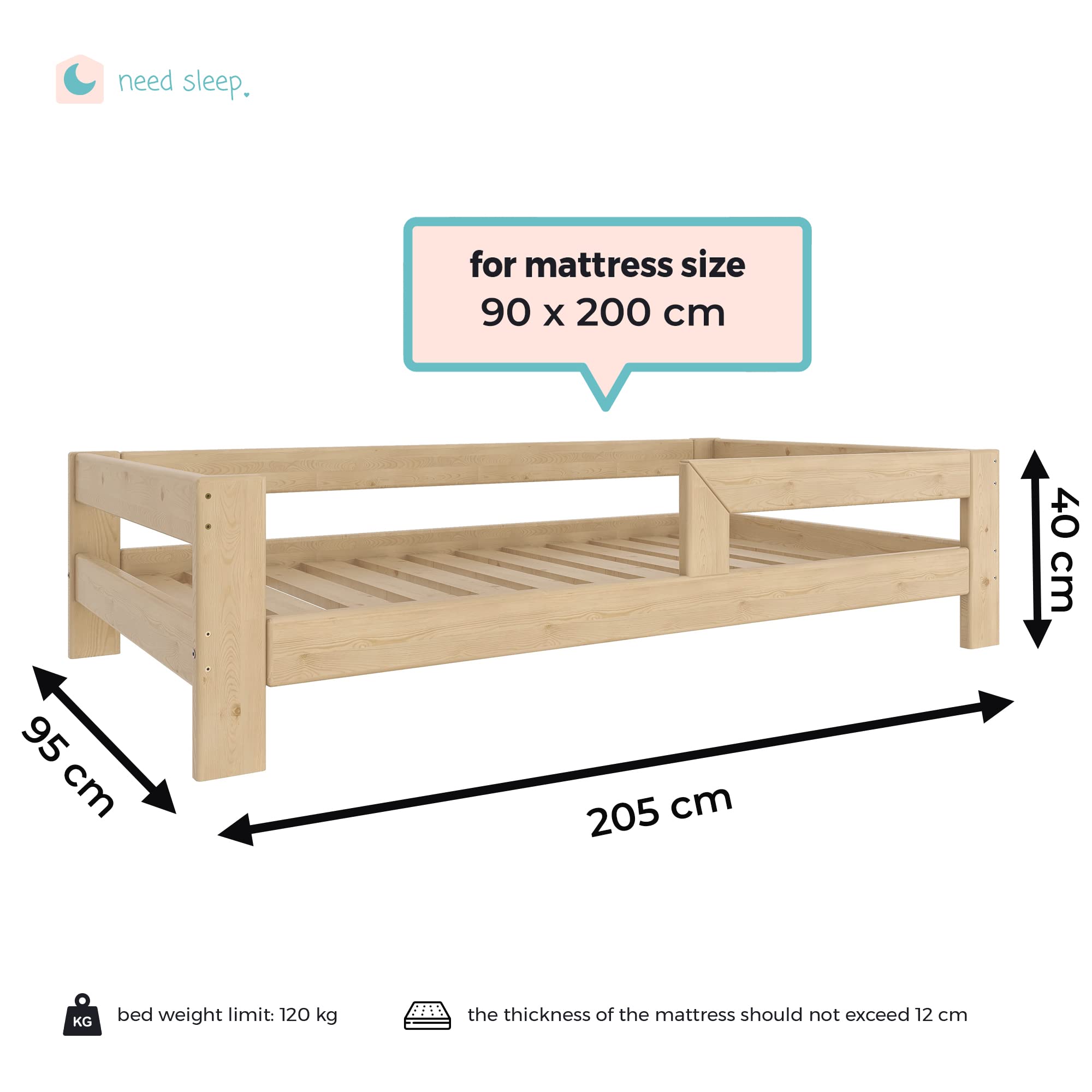 Need Sleep Montessori Bett Kinder Kinderbett 90x200 cm mit Rausfallschutz und Lattenrost Juniorbett Kleinkind Klienkindbett ab 2 Jahre niedrig für Mädchen und Jungen aus Holz