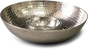 Handcrafted Hammered Stainless Steel Round Chip and Dip Serving Tray, Silver