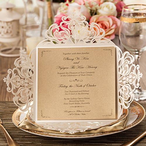 Hosmsua 6.3 x 6.3 Inch 50PCS Ivory Laser Cut Wedding Invitation Cards with Envelopes Hollow Rose Wedding Invitations for Wedding Bridal Shower Invite (Ivory, 50PCS Blank)
