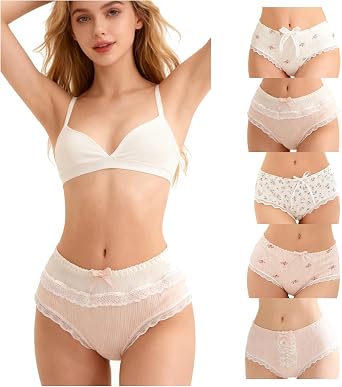 Womens Underwear for Women 5 Packs Panties Cute Cotton Kawaii Japanese-Style Lace Bow Flowers