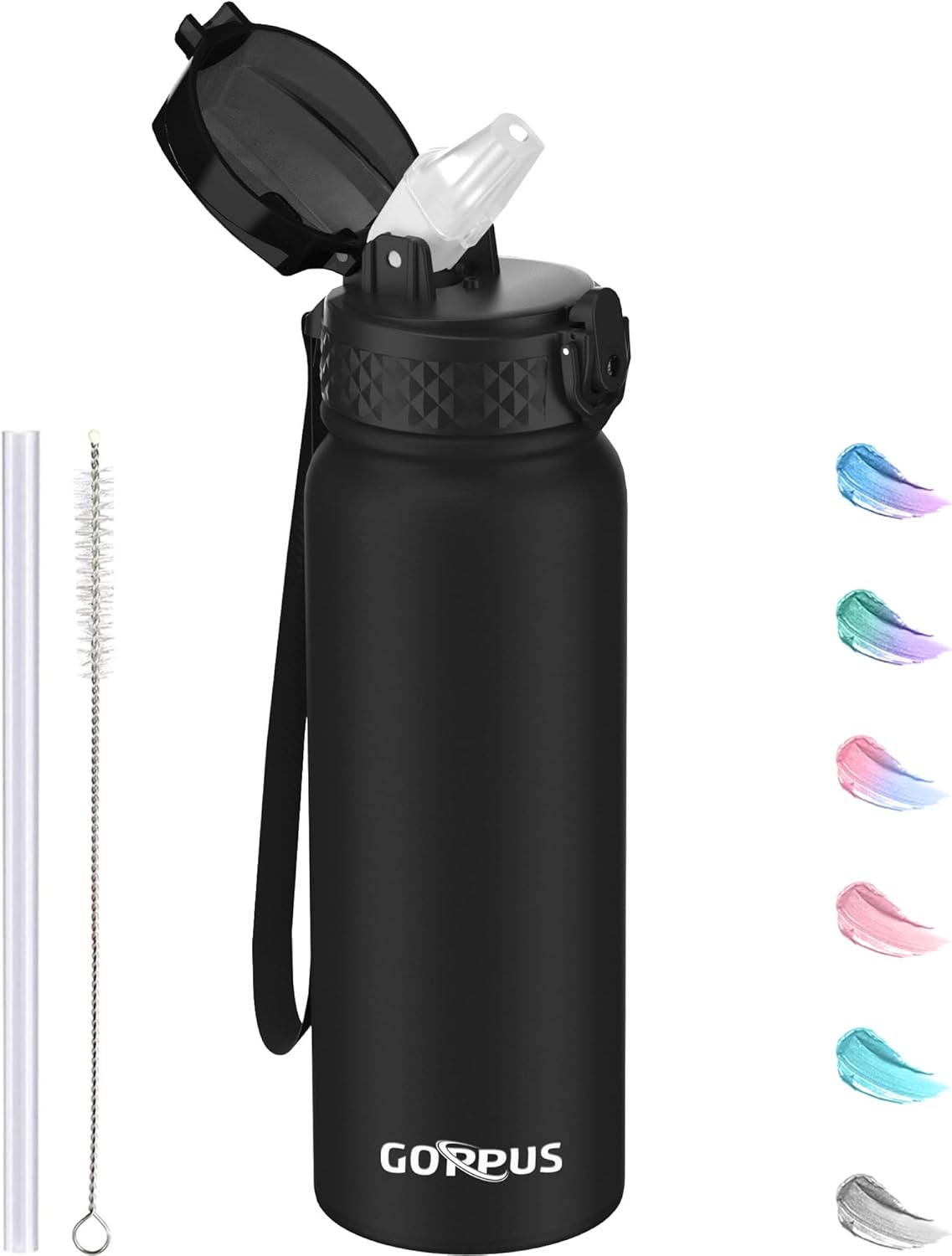 Metal Water Bottle with Straw Insulated Stainless Steel Water Bottle Sports Drink Flask 600ML Vacuum Water Bottle Double Walled and BPA Free Drinks Bottle for Work, Gym, Travel and Sports(Black 1 lid)