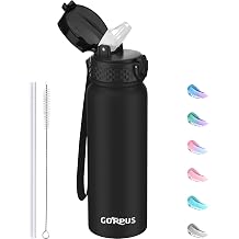 Metal Water Bottle with Straw Insulated Stainless Steel Water Bottle Sports Drink Flask 600ML Vacuum Water Bottle Double Walled and BPA Free Drinks Bottle for Work, Gym, Travel and SportsBlack 1 lid