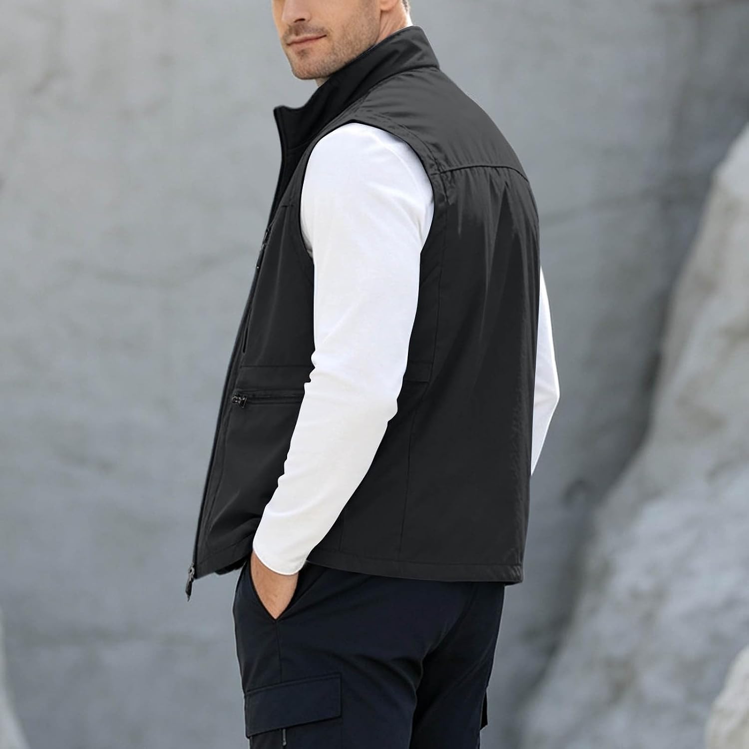 Hiking Vest for Men Utility Zip Front Stand Collar Sleeveless Vests