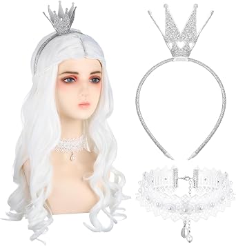 Knitgrip 3 Pcs Bright Queen Costume Accessories include Long Wavy Wig Silver Crown Headband Collar Queen costume for women Halloween Princess Cosplay