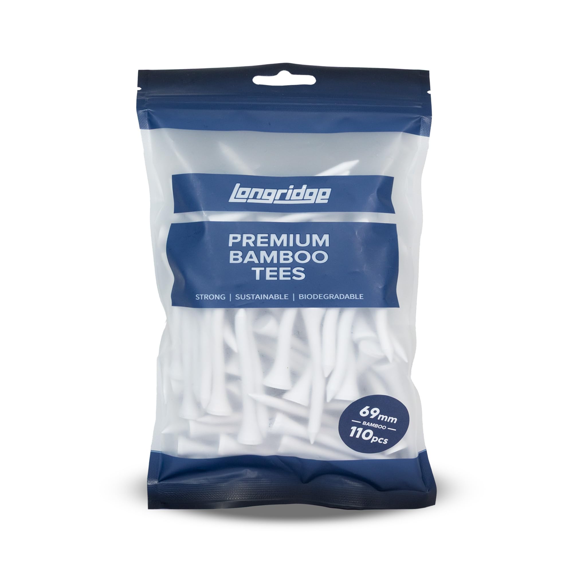 Longridge Bamboo Golf Tees, 69mm (110 Pcs), WHITE, Sustainable, Biodegradable Golf Tees