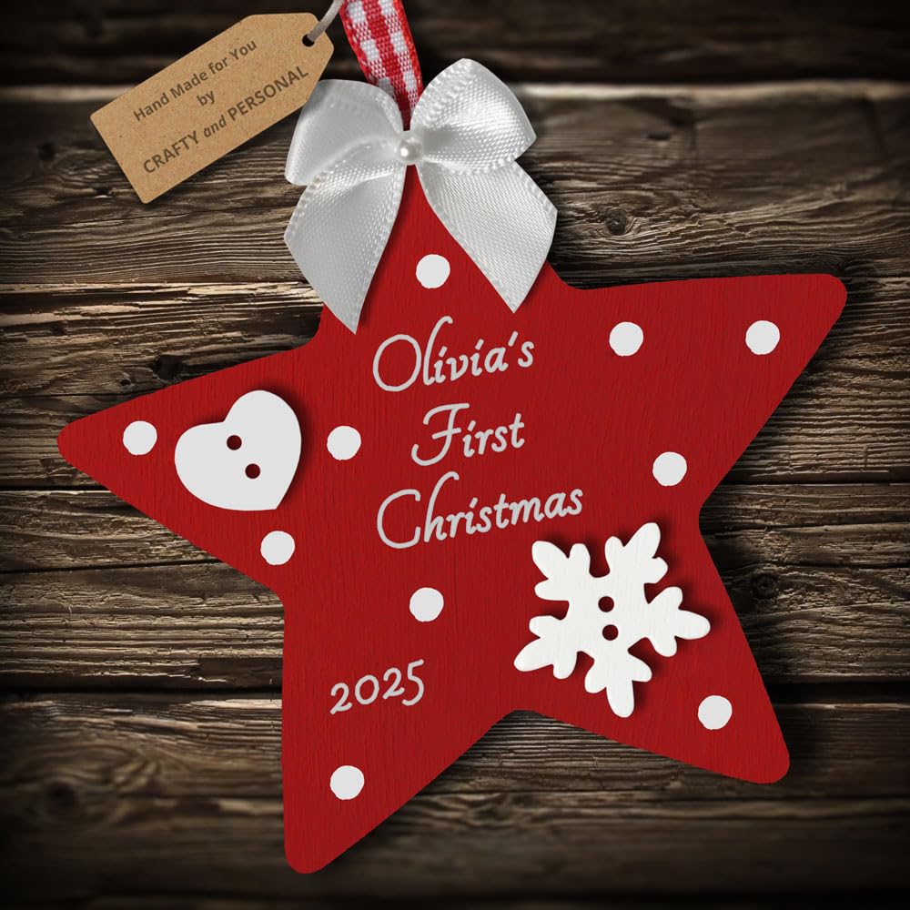 Multi-Colour Personalised Baby's First 1st Christmas Bauble Star tree decoration gift wooden hanging ornament keepsake for boy or girl (Deep Red #1)