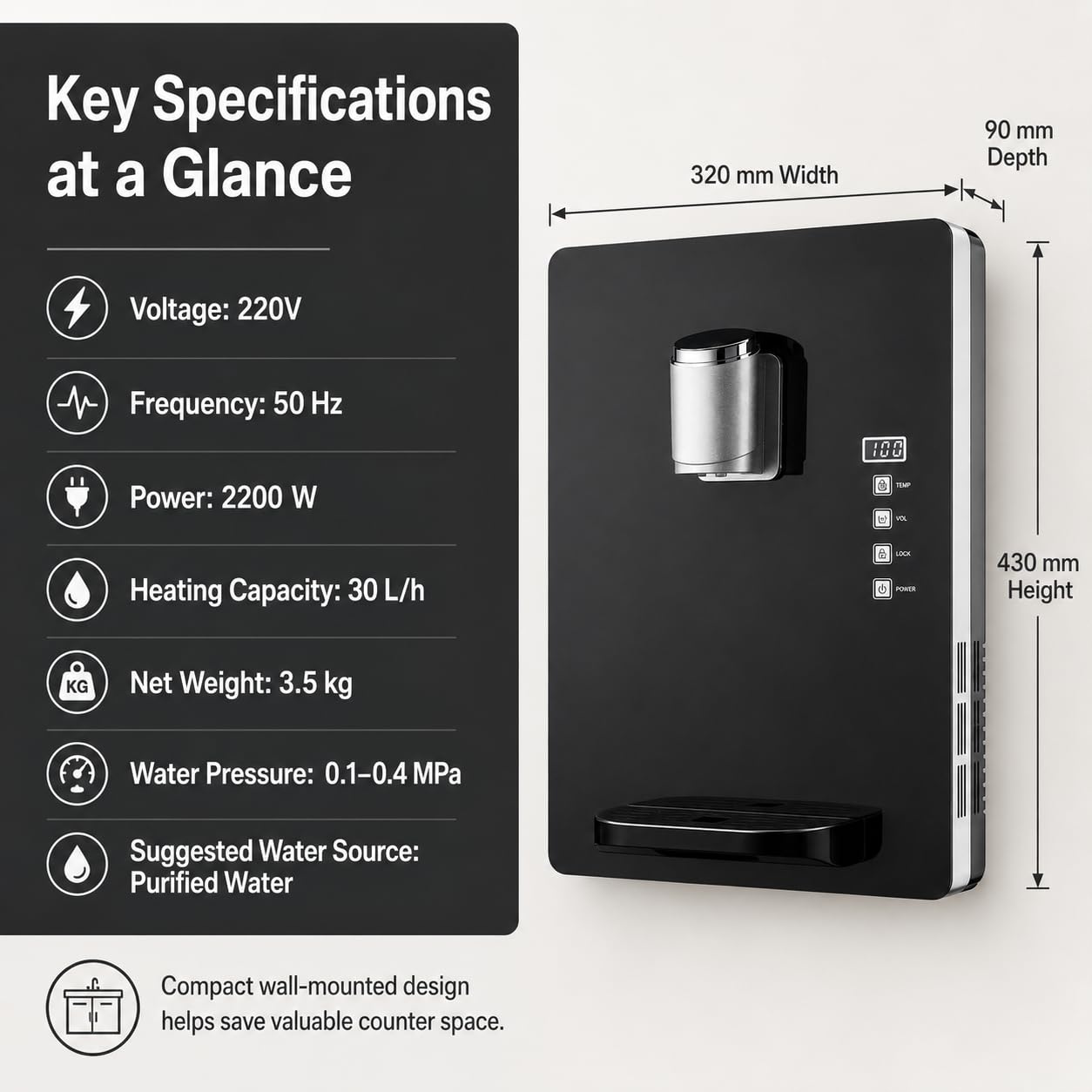 Distributore istantaneo di acqua calda da parete, 2200 W, uscita 30 l/h, temperatura regolabile, ideale per uso domestico e ufficio