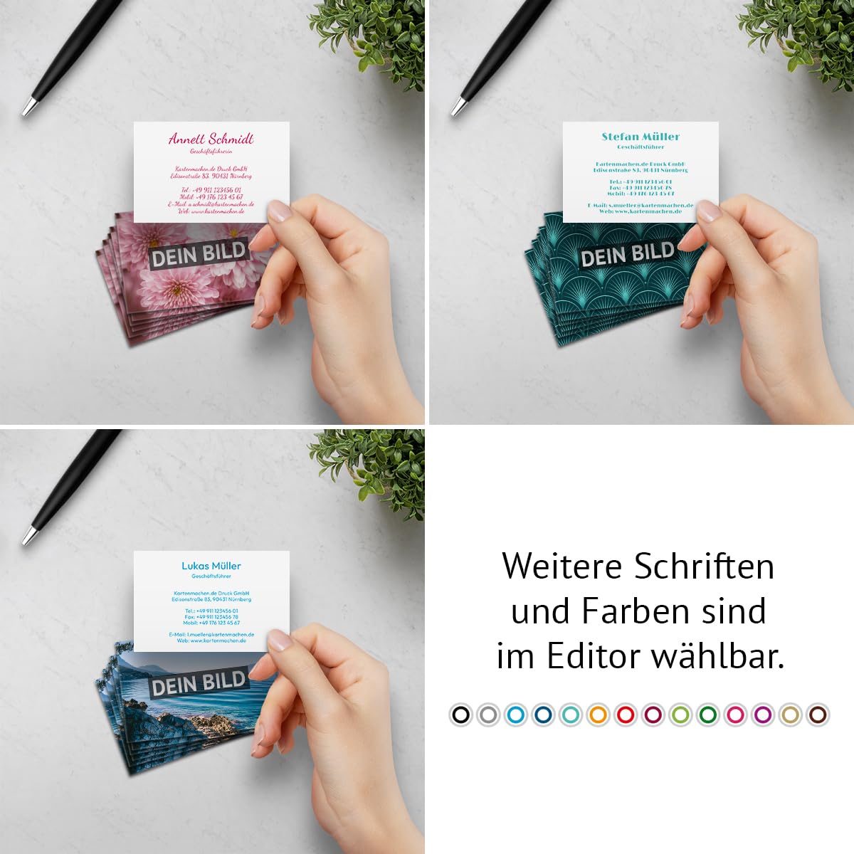 Individuelle Foto Visitenkarten von 100 bis 2.500 Stück personalisiert "Universal", eigener Text und Bild/Logo, dickes 300g/qm Papier, 85x55mm, beidseitiger Druck, Farbe und Schriftart wählbar