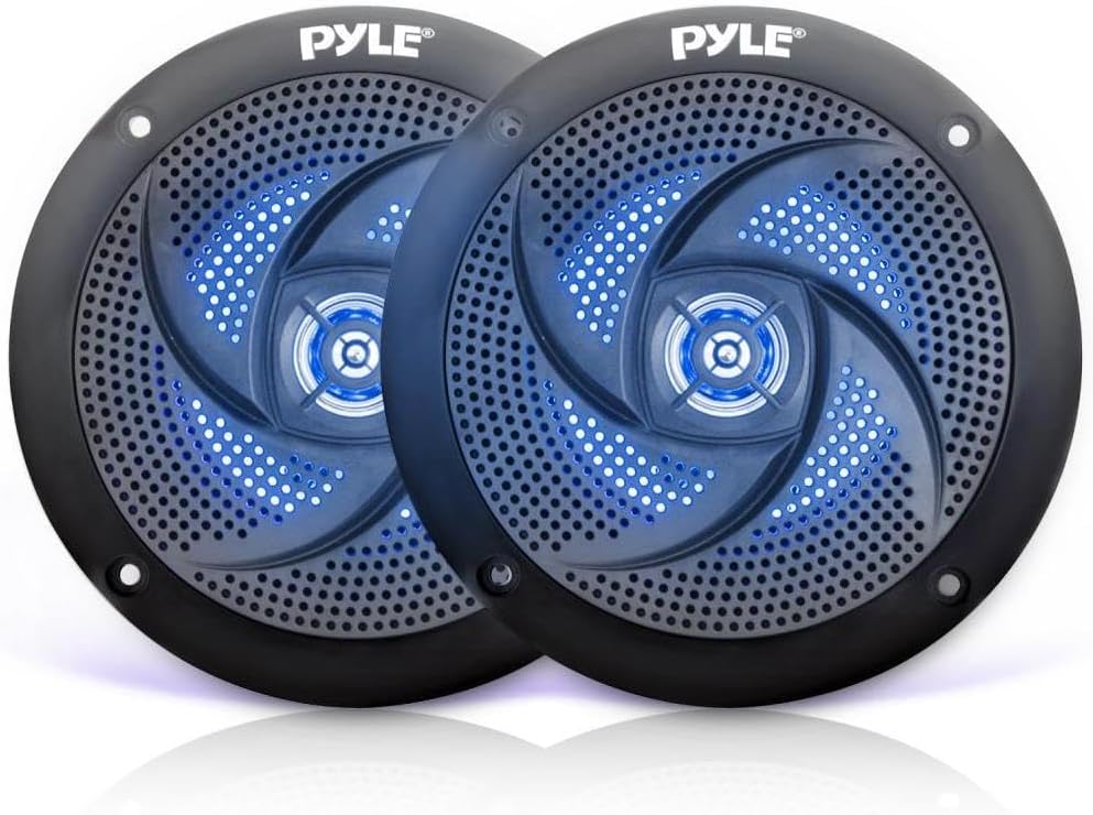 Pyle in-Dash Marine Boat AM/FM USB AUX Radio Headunit Receiver Bundle Combo with 4X 4'' Full-Range 2-Way 100W Blue Light LED Speakers, 4-Channel Bluetooth Amplifier, Radio Shield, Wire, Antenna
