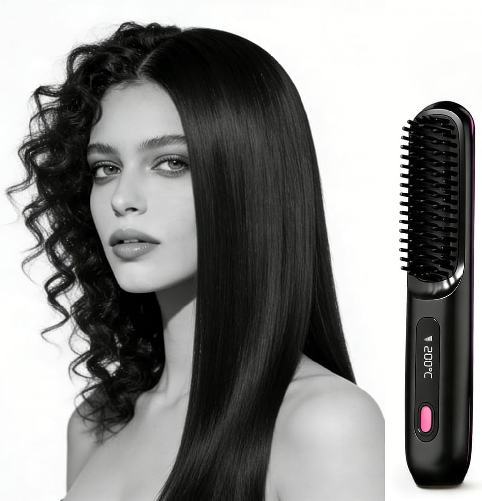 Portable Straightener Brush - go Brush pro，Portable Mini Hair Straightening with 3 Temperature Settings & LED Display, USB Rechargeable Fast Heating Hairs for Travel (Light Purple)