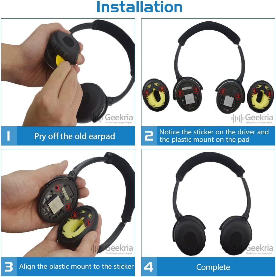 Geekria QuickFit Replacement Ear Pads for Bose QC3 ON-Ear, QuietComfort 3 Headphones Ear Cushions, Headset Earpads, Ear Cups Cover Repair Parts (Black)