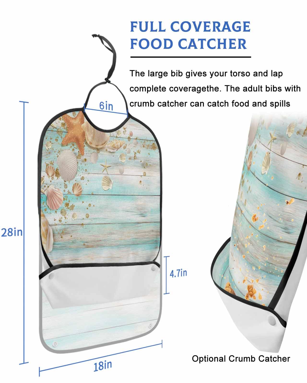 LEOKOTI Aqua Coastal Adult Bibs for Eating, Waterproof Bibs with Food Catcher & Adjustable Snap Closure, Summer Beach Starfish Shell Vintage Wood Washable Clothing Protectors Adult Bibs for Elderly