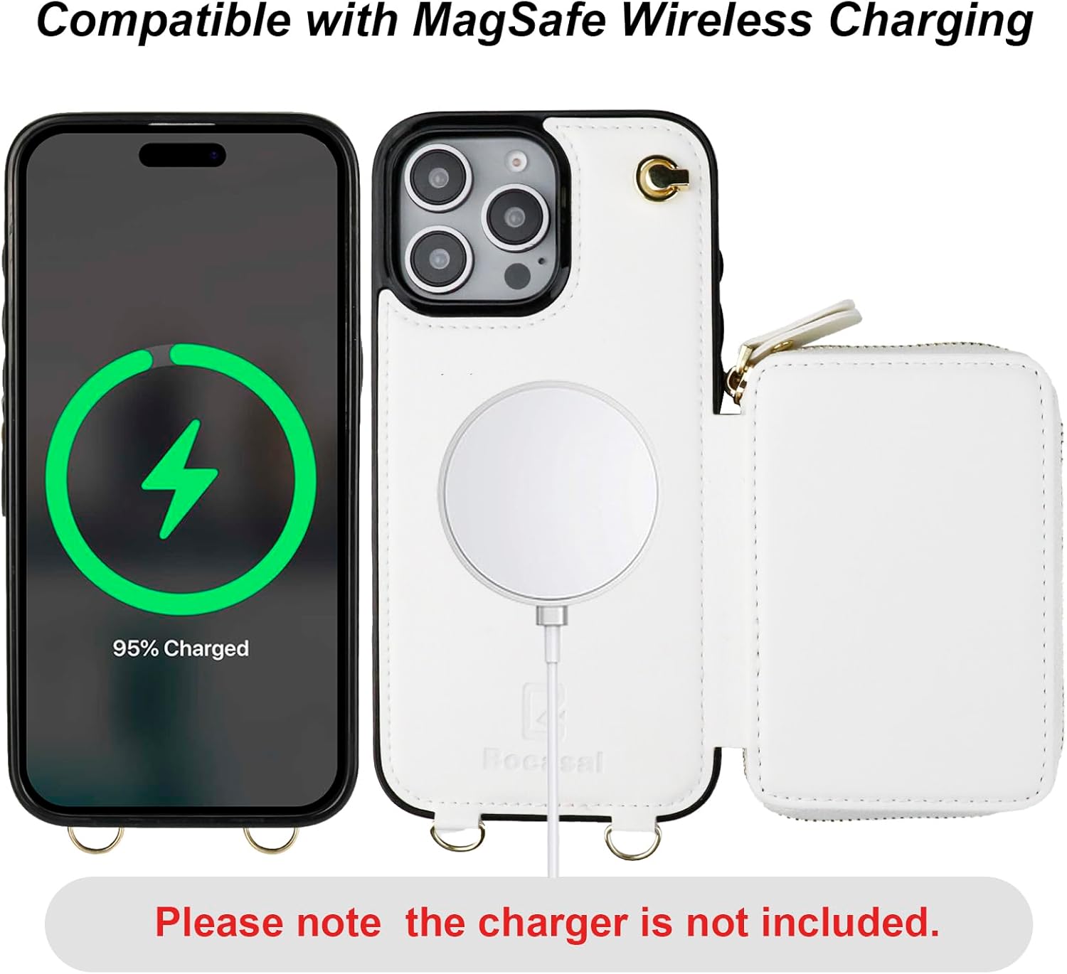 Bocasal for MagSafe Crossbody Wallet Case Compatible with iPhone 16 Pro, RFID Blocking Protective Purse Case with Card Slots Holder Kickstand Wrist Strap Lanyard Zipper 6.3 Inch 5G (White)