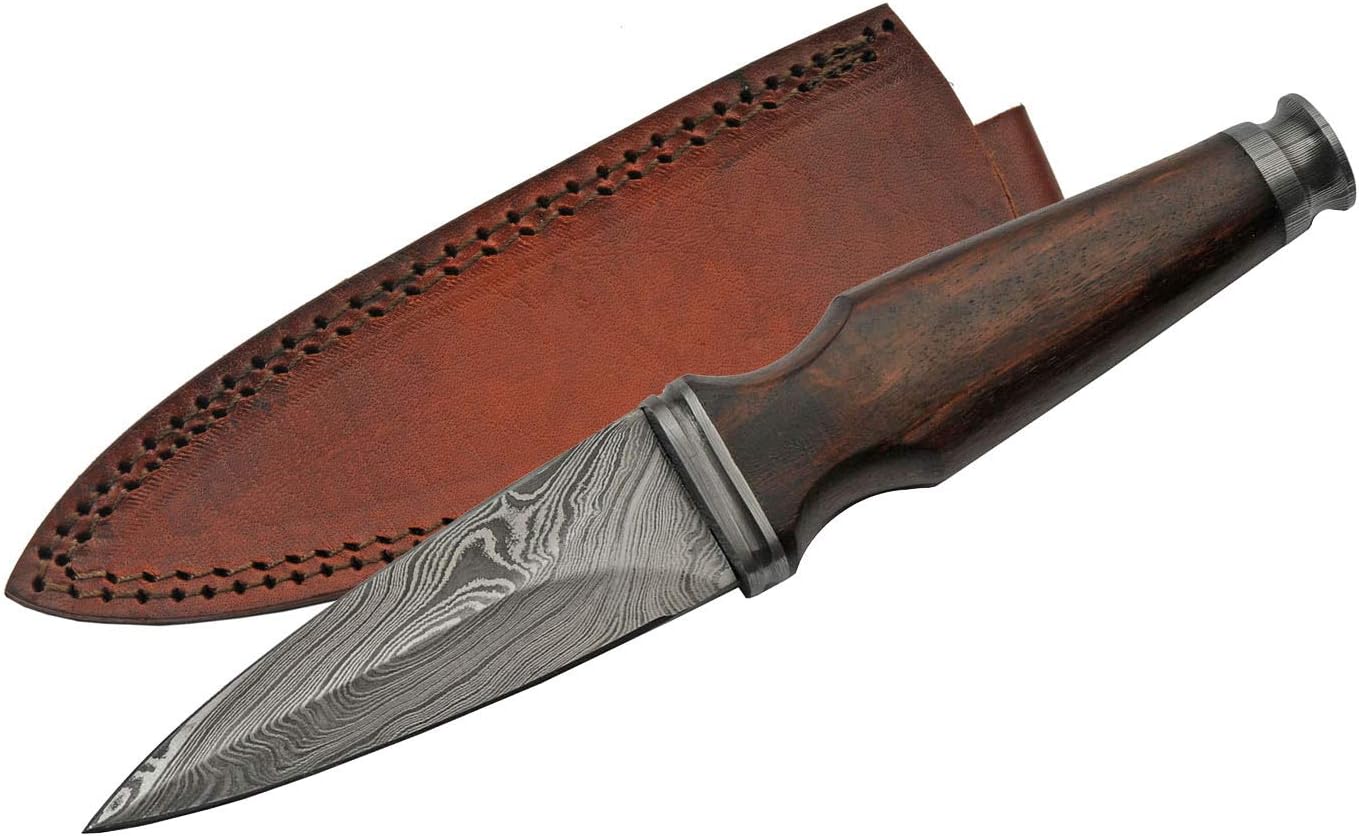 SANZ Damascus Supplies 9.5" Camping Knife with Rosewood Handle, Damascus Steel Scottish Knife with Sheath - Brown Outdoor Knife for Hunting, Camping & Outdoor uses