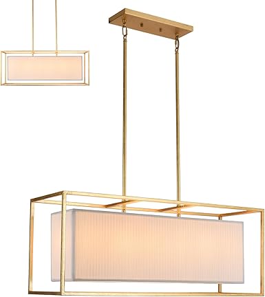 Vezzio Gold Dining Room Chandelier Modern Rectangle Fabric Chandelier Gold Dining Room Over Table Chandelier 6 Lights Gold Rectangular Dining Room Pendant Light for Kitchen Island