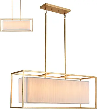 Vezzio Gold Dining Room Chandelier Modern Rectangle Fabric Chandelier Gold Dining Room Over Table Chandelier 6 Lights Gold Rectangular Dining Room Pendant Light for Kitchen Island