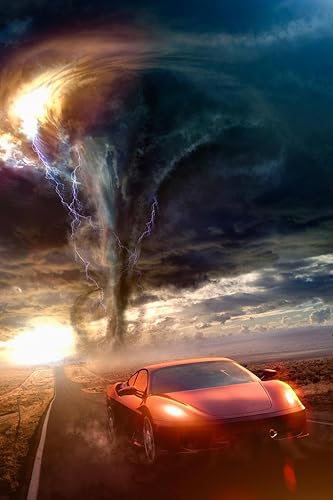 Póster de auto deportivo rojo que conduce lejos del tornado con fotografía de fotos de 16 x 24 pulgadas