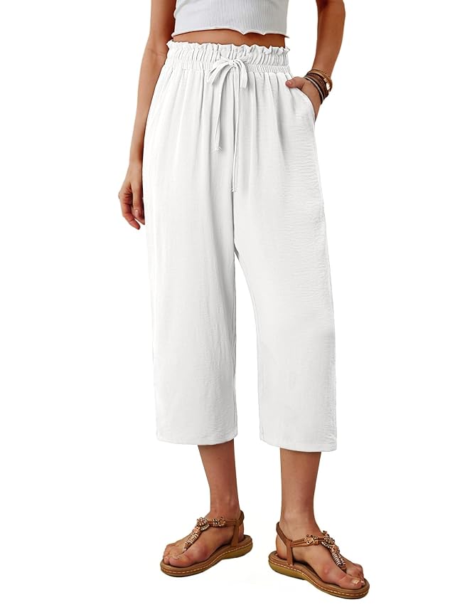 CRAZY GRID Womens Wide Leg Capri Pants Paper Bag High Waisted Trendy Flowy Summer Beach Cropped Palazzo with