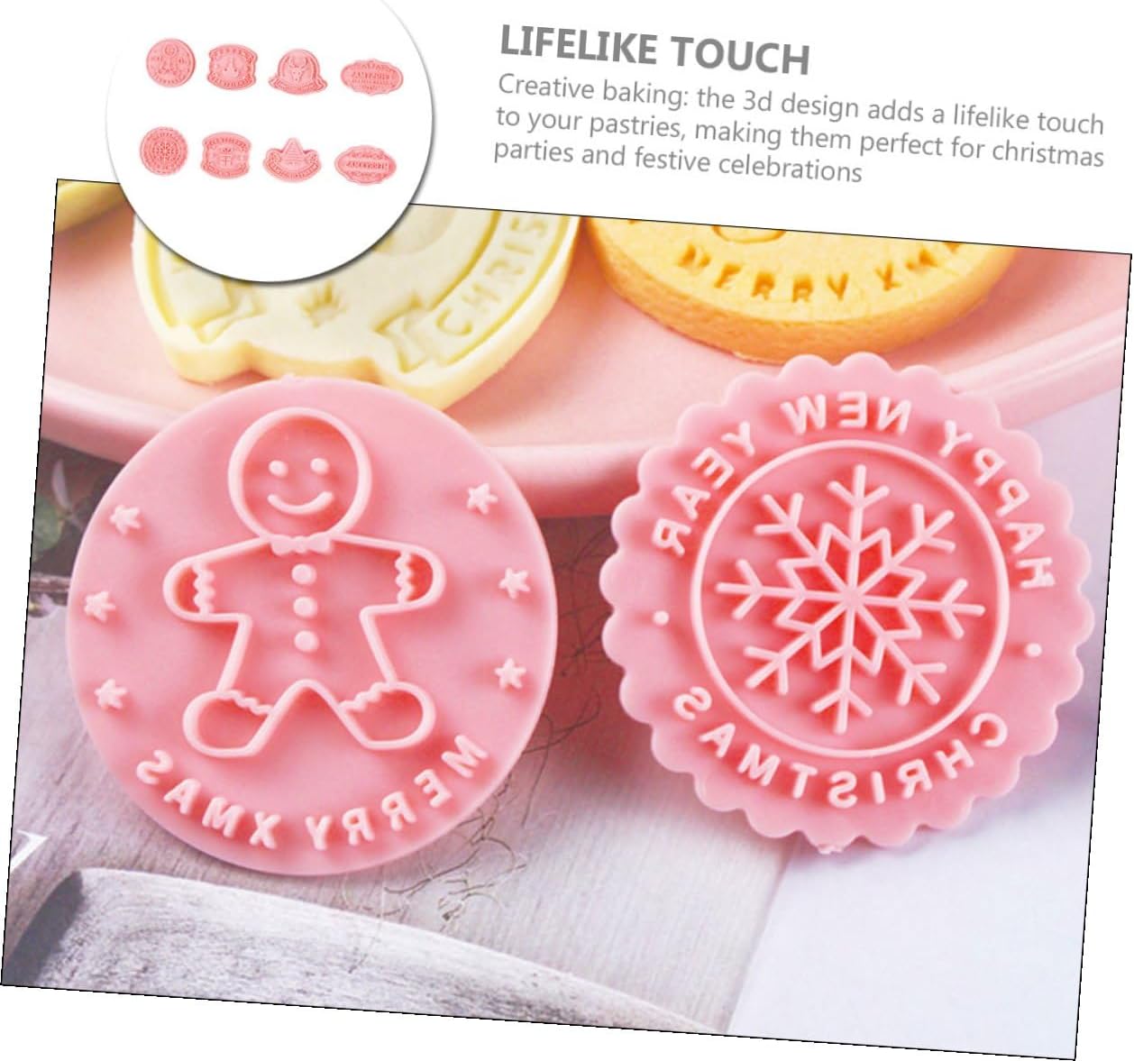 HEMOTON 8pcs Christmas Cookie Cutters Set with 3d Embossed Stamps, Reusable Plastic Baking Molds for Holiday Cookies, DIY Pastry and Chocolate Mold, Christmas Baking Supplies