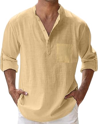 Mens Cotton Linen Henley Shirt Long Sleeve Hippie Casual Beach T Shirt Summer Loose Lightweight Band Collar Yoga Top