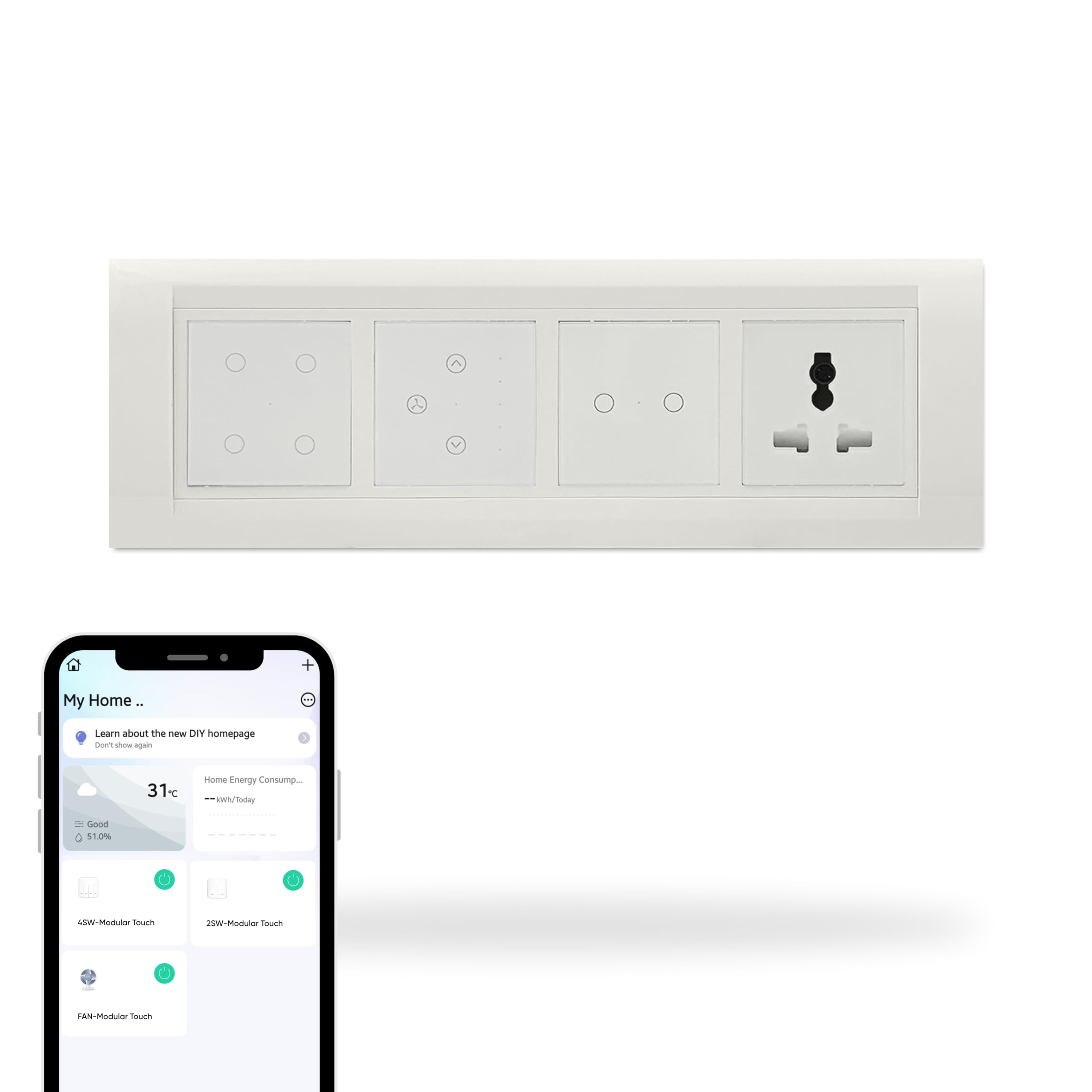 Aziot 8 Module Switch Board Plate | Smart 4 Touch, 2 Touch SW, Fan Touch & Socket | WiFi & BLE | Google, Alexa & Siri (White)