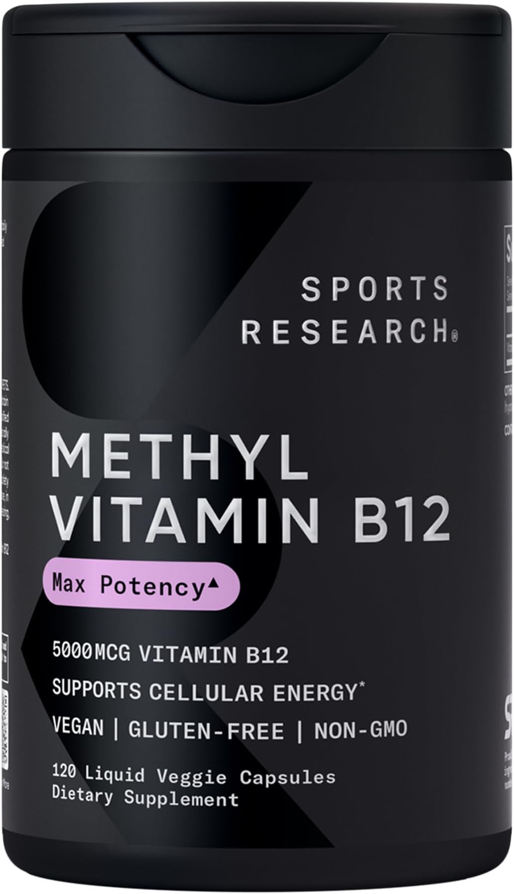 Sports Research® Vitamin B12 as Methylcobalamin 5000mcg - High Potency Vegan B12 w/Coconut MCT Oil for Energy Metabolism Support - Vegan Certified · Non-GMO · Gluten Free - 120 Liquid Caps