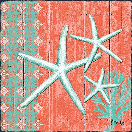 Gango Home Décor 4 Lovely Teal and Coral Ocean Seashell Sand Dollar Seahorse Star Fish Collage Poster Prints; Nautical Decor; Four 12x12in Poster Prints
