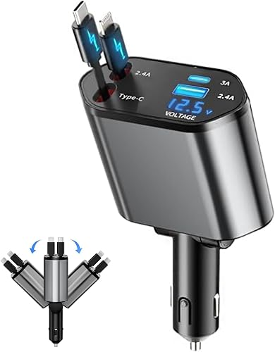 Retractable Car Charger, 4 in 1 Fast Car Phone Charger with 2ft Retractable Cable USB C+USB A, Dual Charging Ports with Voltmeter for iPhone 16/15/14/13, Samsung, Pixel