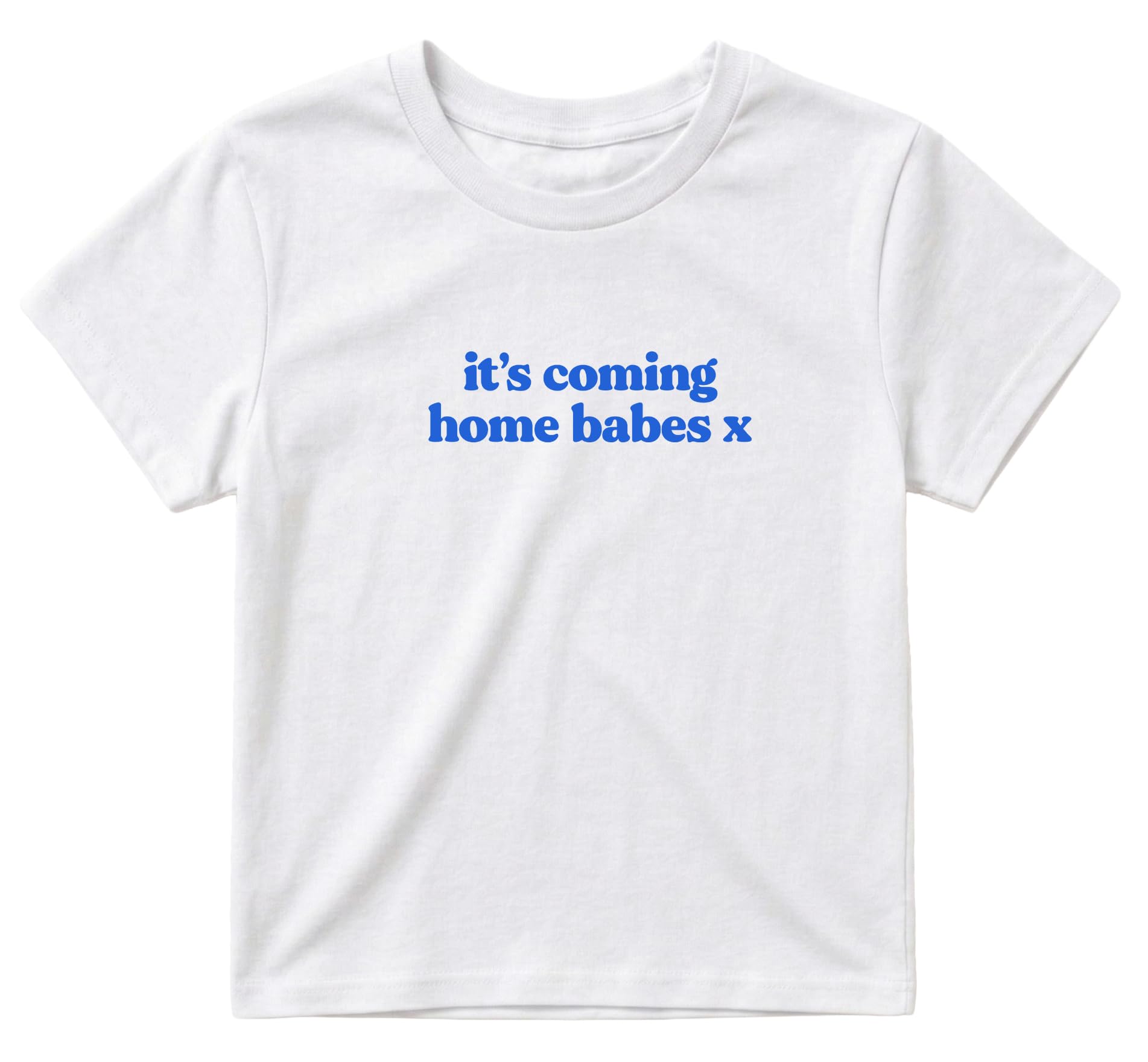 Sanfran Clothing It's Coming Home Babes x Baby Tee T-Shirt Top World Football Shirt England Scotland Country Team 2026 Soccer Womens Flag Varsity Shirt White (Blue Text) - Small