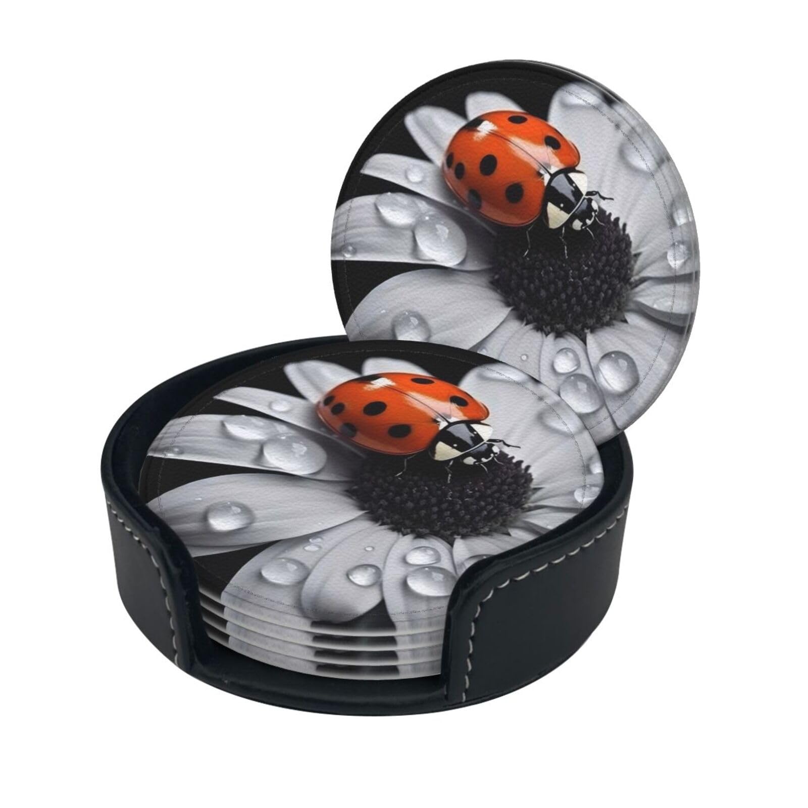 Smazdfxx Women's As Pic Stylish Coasters - Ladybug Daisy Set Of 6 Round Leather Drink Coasters With Holder - Perfect Size For Cups And Glasses