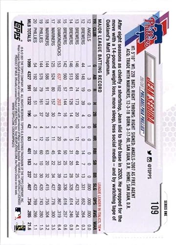 Miniatura 2 de 2021 Topps Series 1 Baseball #109 Jean Segura Philadelphia Phillies Official MLB Trading Card