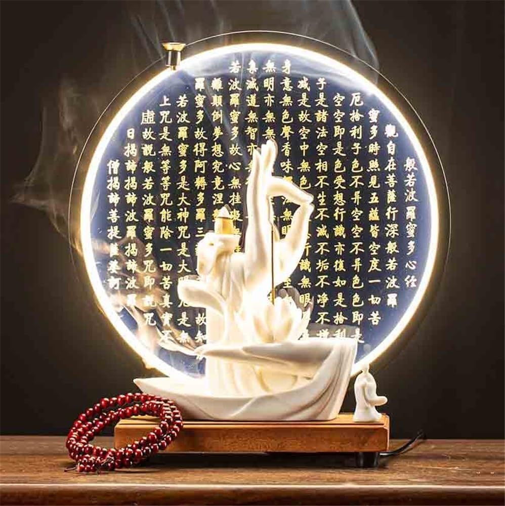 Decorazione della statua del Buddha Ornamento con statua di Buddha a forma mano, può essere posizionato incenso e set anelli luminosi in legno