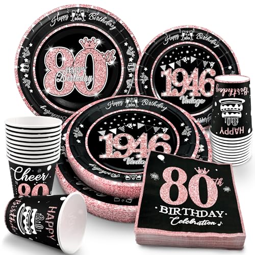 Image of 80th Birthday Decorations Rose Gold, Service for 30, Vintage 80th Birthday Party Supplies Includes Rose Gold 1946 Plates, Napkins,Cups, Plates and Napkins for Women