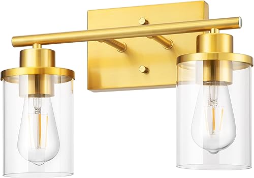 Miniatura 8 de EDISHINE Lámparas de baño, 2 luces doradas de tocador, apliques de pared modernos con pantallas de vidrio transparente para baño, tocador, tocador,