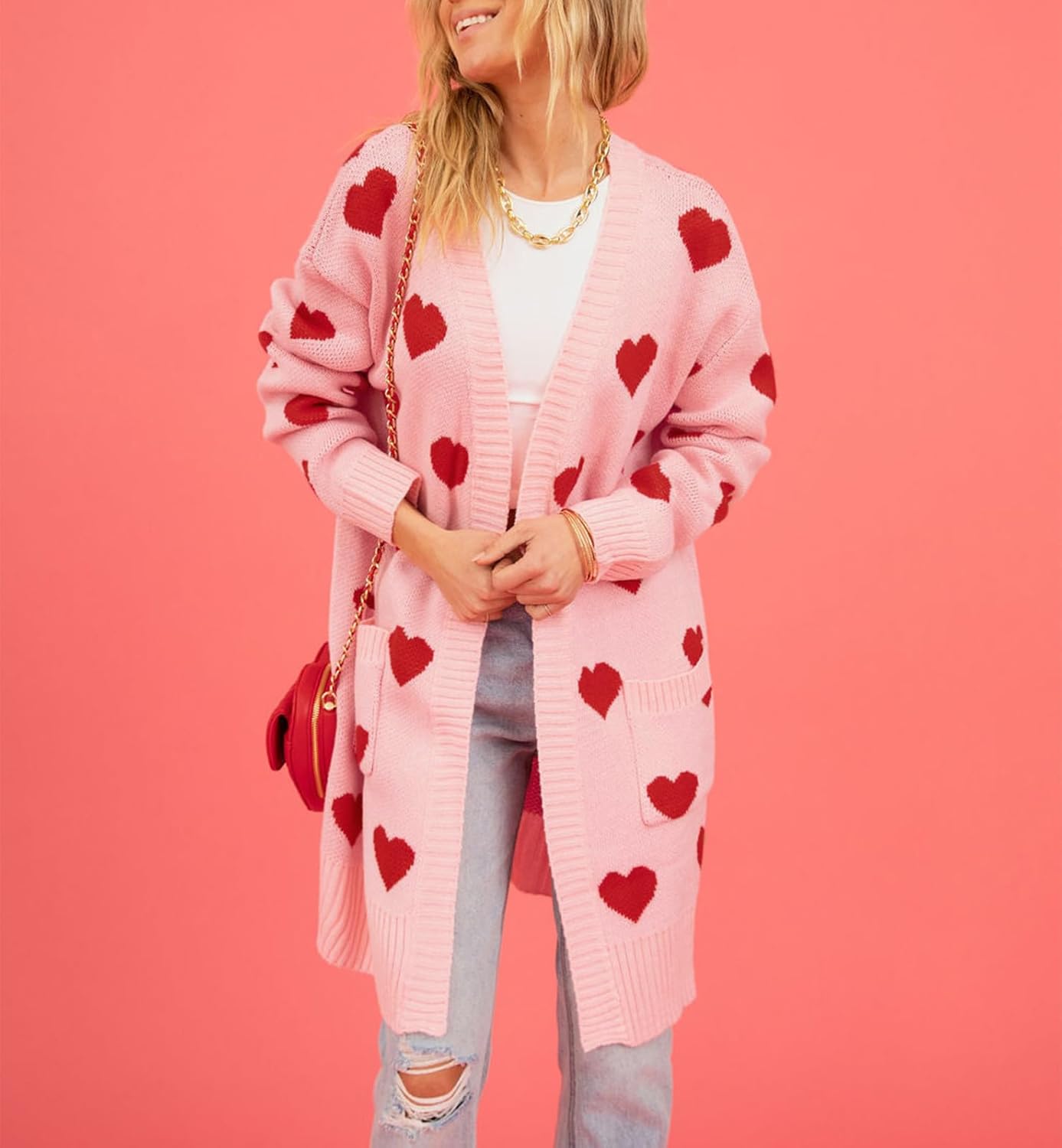 Womens Cardigan Sweaters Love Heart Print Open Front Cardigans Y2K Button Knitted Sweater Outerwear Valentines - Image 4