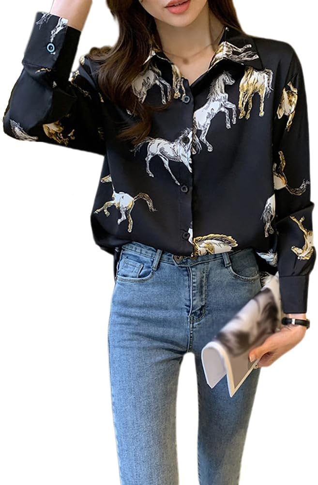 XYGJZ Womens Vintage Horse Print Long Sleeve Button Down Shirt Western Shirts - Image 2