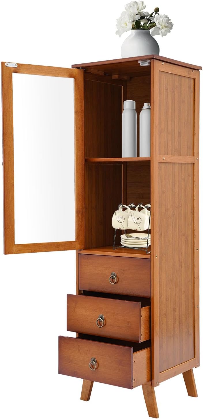 Wood Storage Cabinet, Cupboard with 1 Door and 2 Drawers, Display Cabinet, Kitchen Cupboard Storage Organizer for Bedroom, Kitchen, Living Room, Brown