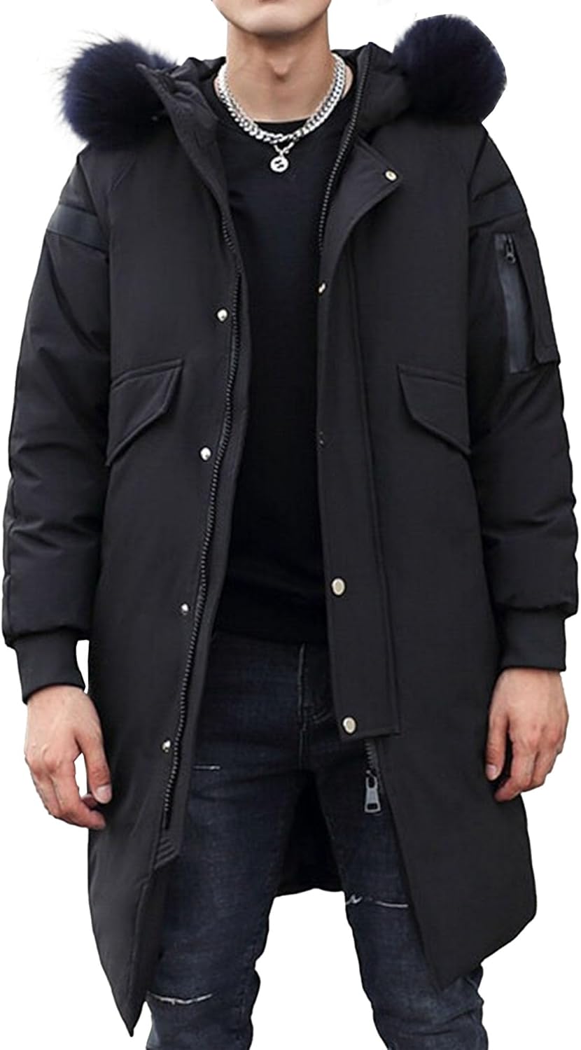 JEKE-DG Men's Heavyweight Stylish Mid-Length Puffer Jackets Casual Hooded Insulated Down Coats Zip Up Warm Quilted Coat