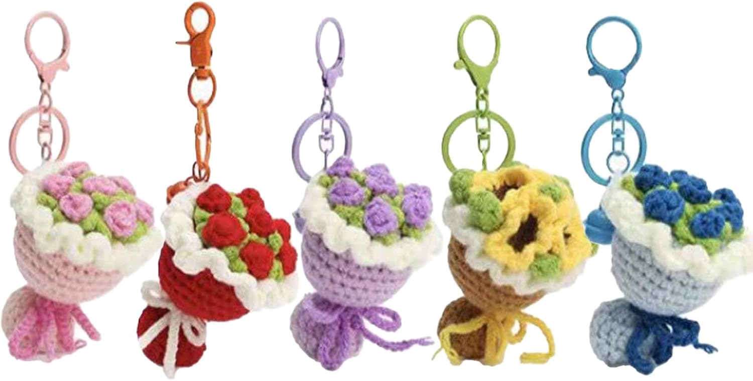 Crochet Rose Bouquet Cute Keychain for Women, Flowers Key Chains, Purse Bag Charms for Handbags, Gift for Teacher