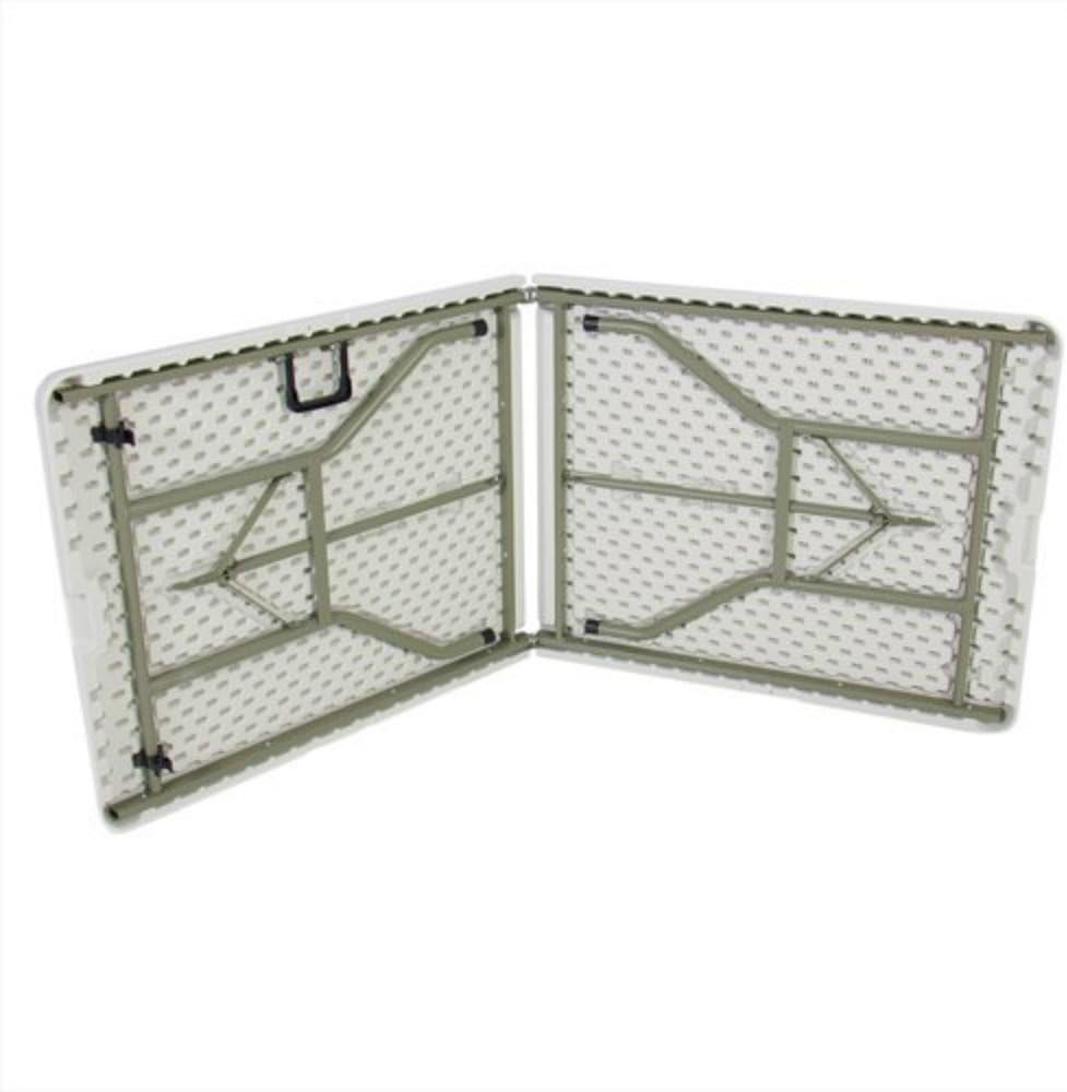 Underside view of the Mainstays 6 Foot Centerfold Folding Table showing the folded legs and support structure.