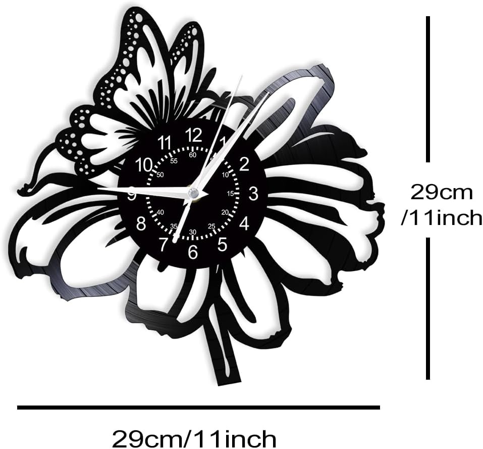 Flowers with a Butterfly Wall Clock, 7 Colors Luminous 12 Inch Night Light Wall Lamp Clock, Silent Quartz Non Ticking Modern Decorative Vinyl Record Wall Clock for Girls Room Garden Park Gift